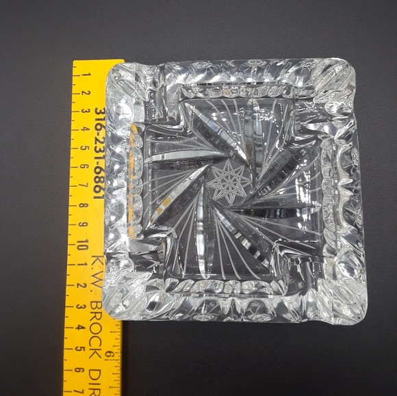 Lead Crystal 1960's Ashtray By Irena Poland 5 inches square Beautiful Cut Design - Picture 3 of 5